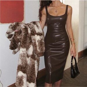 Commense Dark Brown Leather Midi Dress